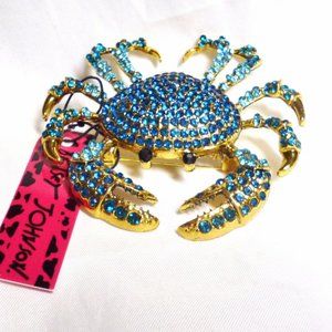 RARE Betsey Johnson Crab Pin Blue Crystals & Gold Tone 2 3/8"NWT Perfect Cond